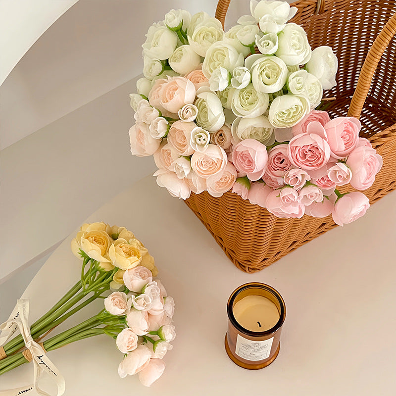 Artificial Silk Mini Ranunculus Bouquet, 6 Stems, 38cm, Home Table Decor