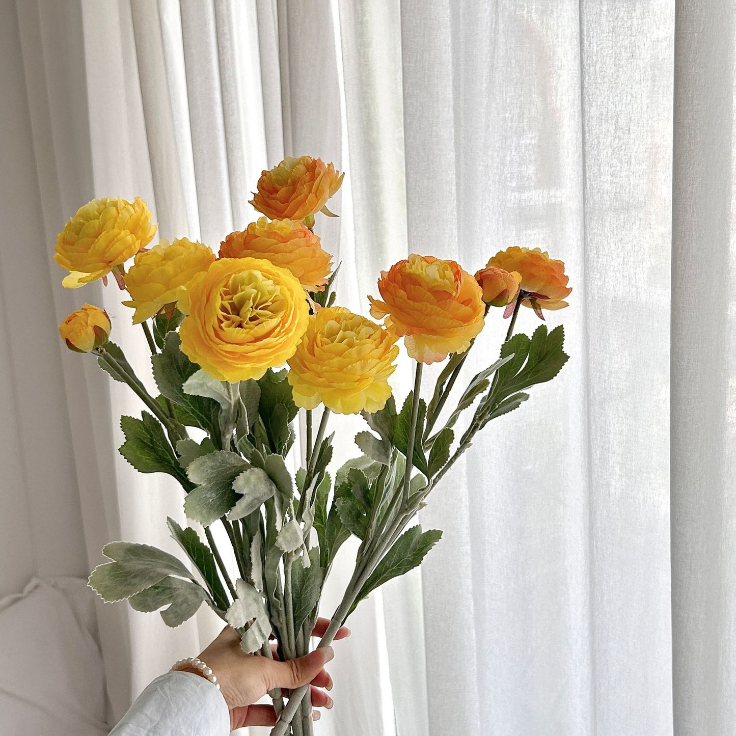 Artificial Silk Ranunculus Stem, 2 Blooms 1 Bud, 50cm, Vase Decor