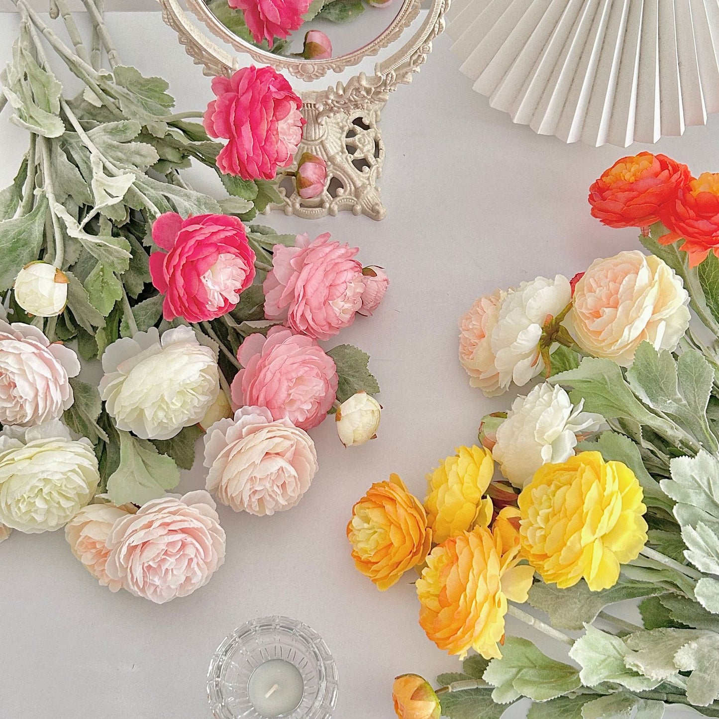 Artificial Silk Ranunculus Stem, 2 Blooms 1 Bud, 50cm, Vase Decor