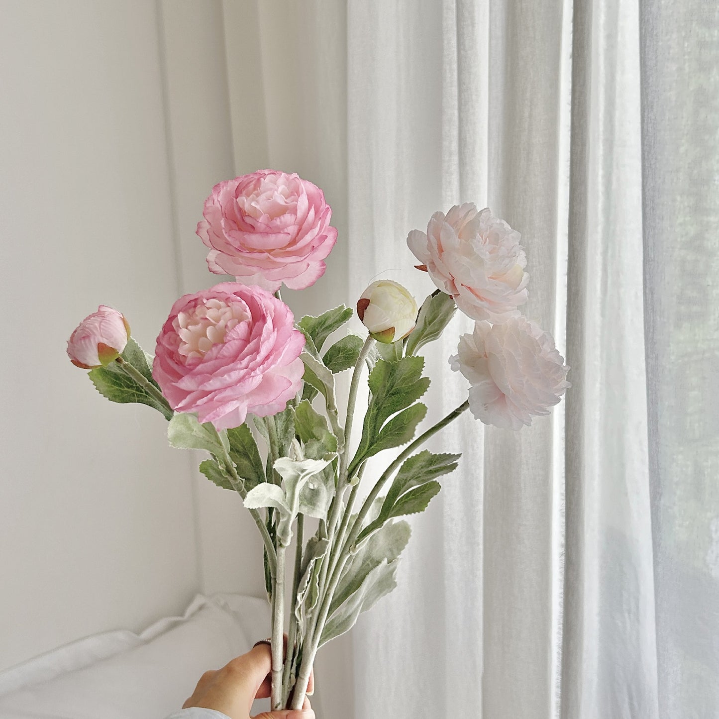 Artificial Silk Ranunculus Stem, 2 Blooms 1 Bud, 50cm, Vase Decor