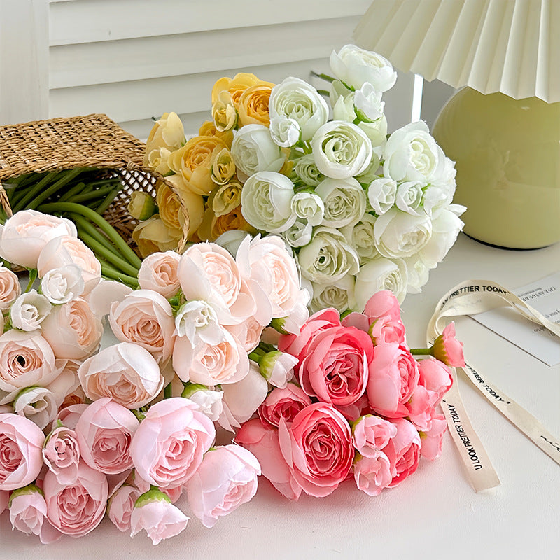 Artificial Silk Mini Ranunculus Bouquet, 6 Stems, 38cm, Home Table Decor
